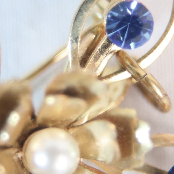 Starburst Flower Brooch Gold Tone Open Metal Blue and Pearly Stones - Picture 5 of 10